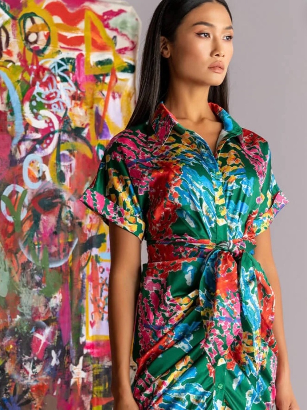 AKIRA Green Multicolor Tie-Waist Mini Shirt Dress - Picture 10 of 10
